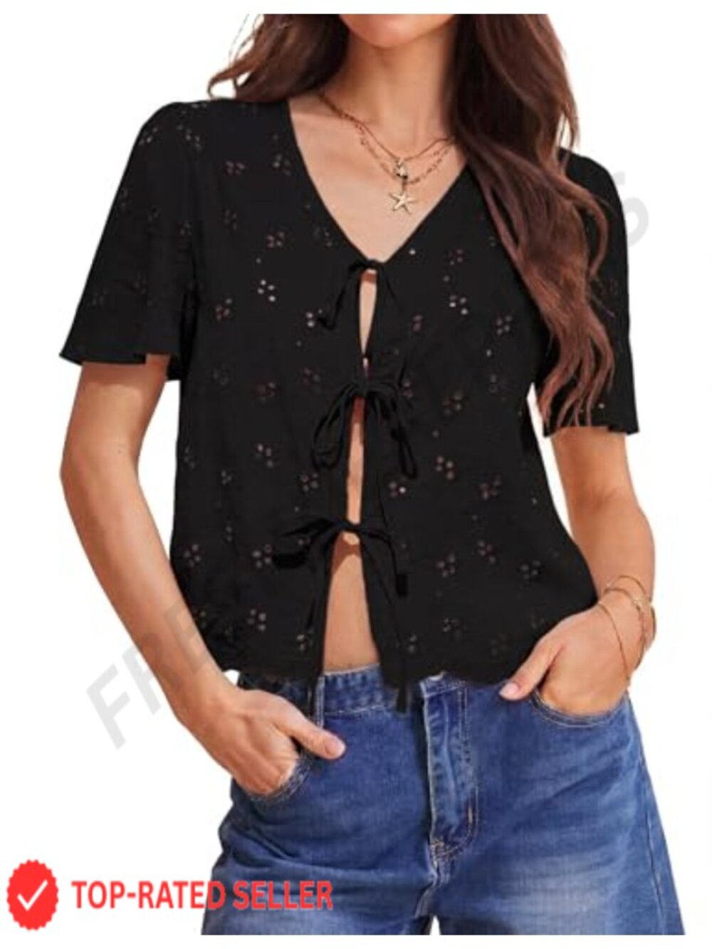 Totatuit Womens Cotton Tie Front Top Boho V Neck Eyelet Shirt Cover Up